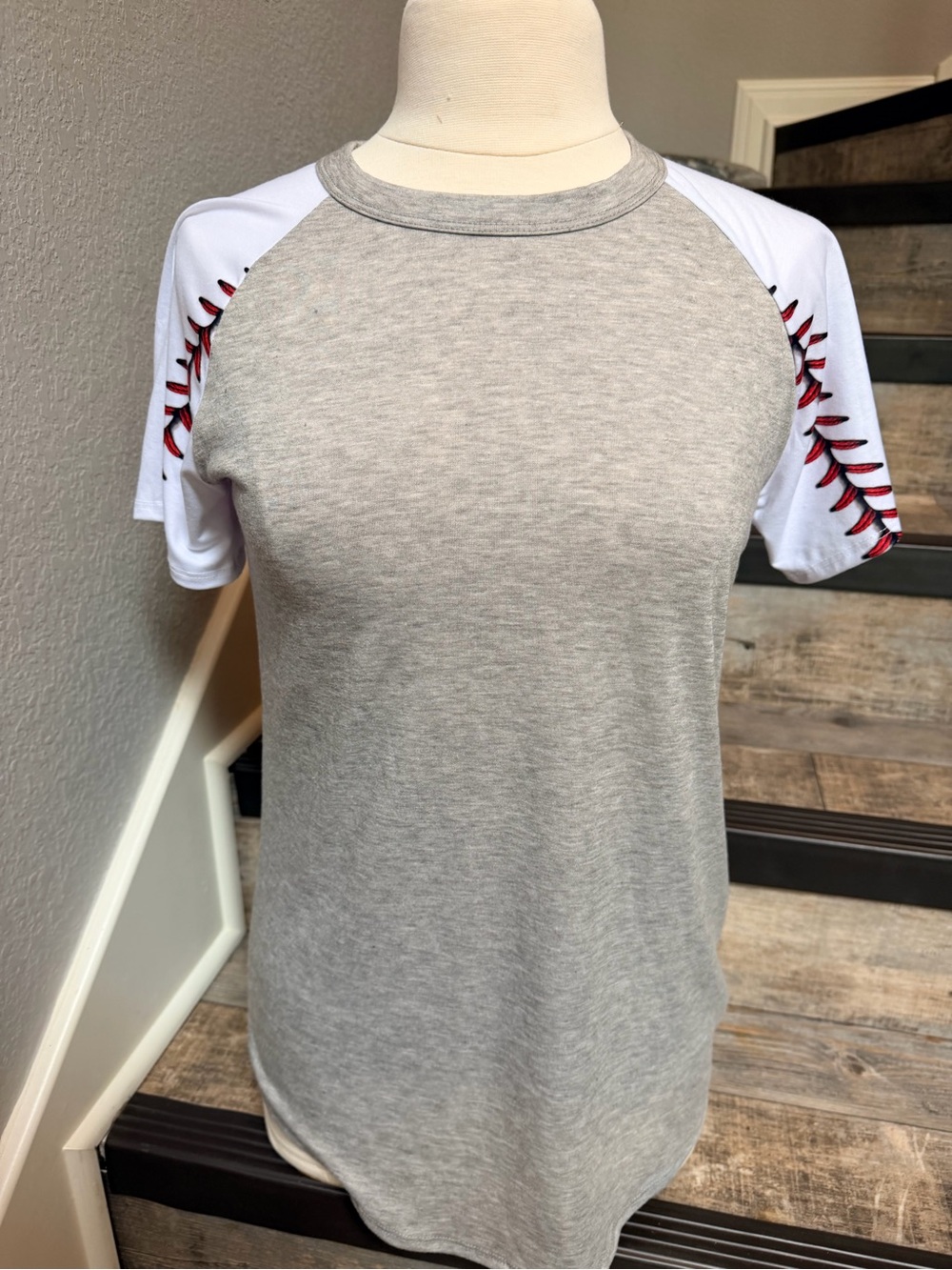 NWOT Women’s Grey Raglan Tee with White Baseball Stitch Sleeves